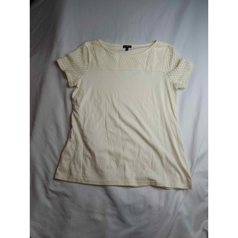 Talbots Cream Ivory Crochet Lace Yoke Short Sleeve Boat Neck Top Womens Size M